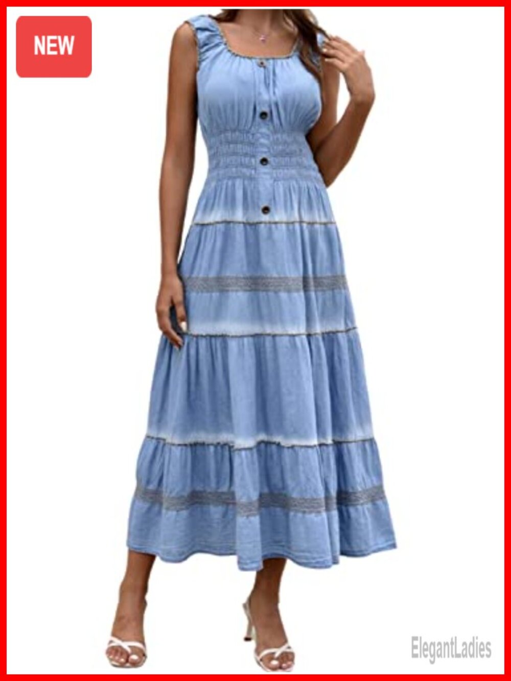 Sleeveless Denim Maxi Dress 100% Cotton Embroidered Square Neck Summer